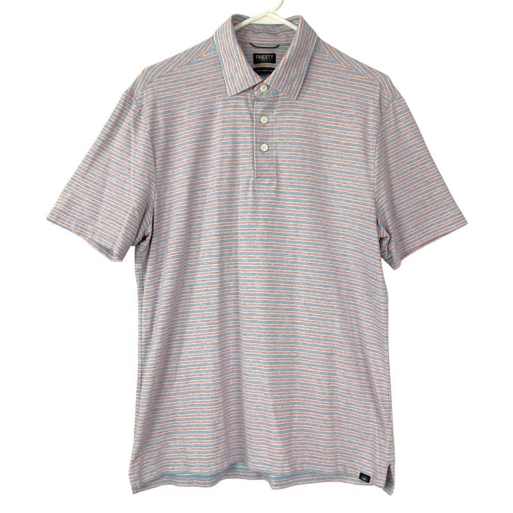 Faherty Reserve Red Blue Striped Polo M Button Collared Short Sleeve Stretch